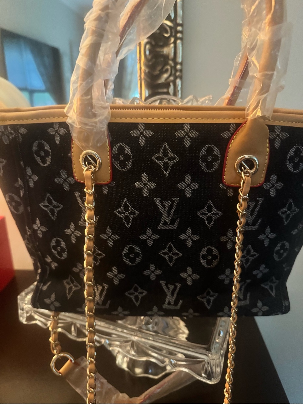 Designer-Inspired Monogram Shoulder Bag in Black and Tan